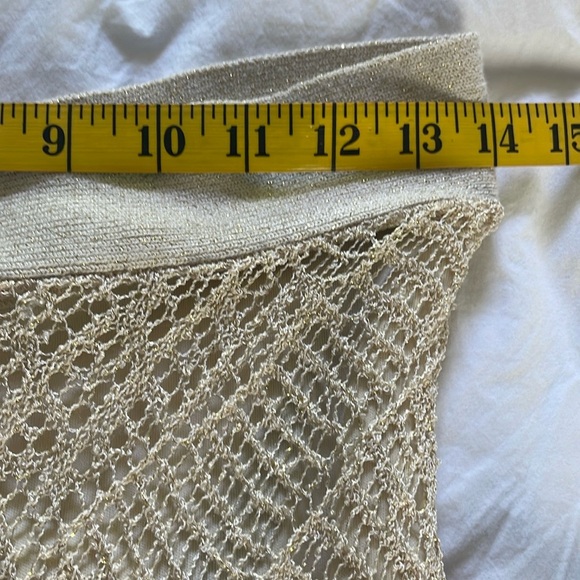 NWOT  bebe Metallic Gold Mini Crochet-Knit Halter A-Line Belted Dress, Size M - Picture 15 of 16